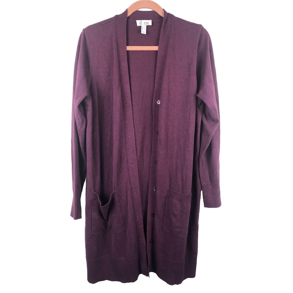 Denim & Co Women's Long Duster Knit Cardigan Button Front Purple Size M Pockets
